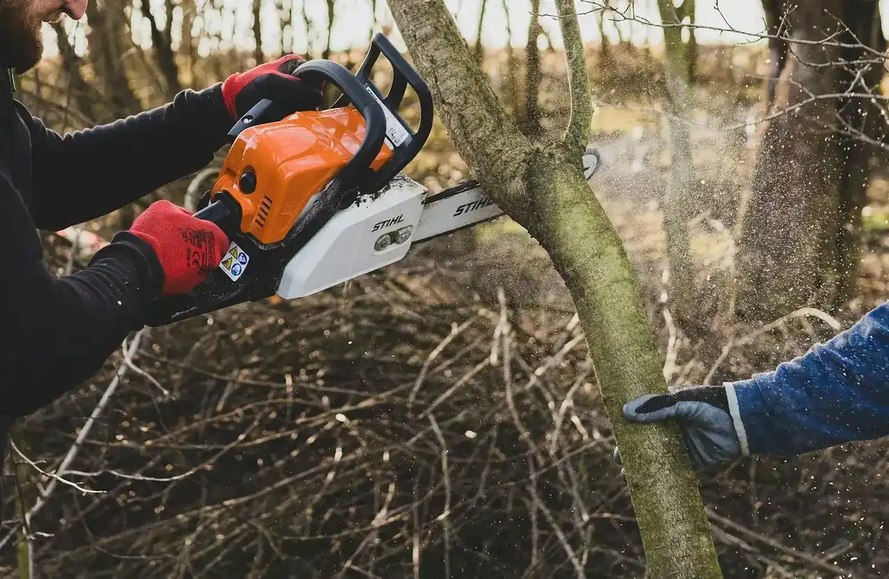 Gloved hands guiding an orange chainsaw through a limb during brush cutting