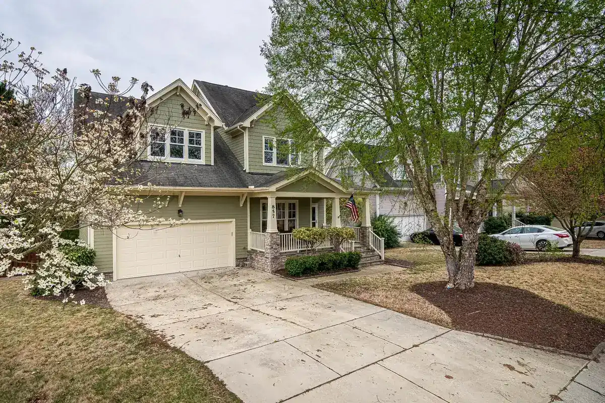 Suburban house and driveway shaded by a large established front-yard tree